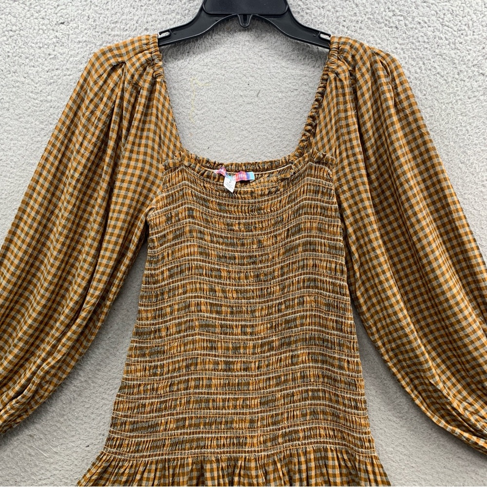 Urban Outfitters Francis Smocked Puff Sleeve Mini Dress Yellow Brown Women’s S - Picture 5 of 11